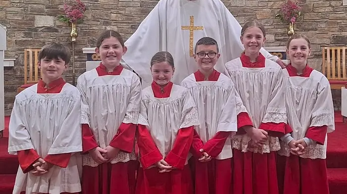 The altar servers at Ballinspittle Holy Trinity Church, with Parish Priest Father Michael O’Mahony, comprise three sets of twins: Daniel and Cara Hayes, Evie and Gavin McCarthy and Elly and Grace Kennedy.