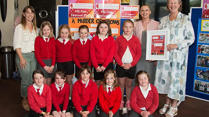 St Mary's National School, Rosscarbery won the Best Acted film for their film ‘A Murder of Crows’ which was part of the Film in Schools (FÍS) project and which was recently screened at Bantry Cinemax. Accepting the award from Dr Dympna Daly were Eva Roche, Grace Hayes, Orla Murphy, Eimear Ahern, Anna O'Donovan, Abigail Moore, Isabelle O'Keeffe, Caoimhe Hayes, Ella Donoghue and Nia Kingston.   Dr Daly also thanked Harriet McCormick and Chrissie O'Mahony for organising the Film in Schools project at West Cork Education Centre.