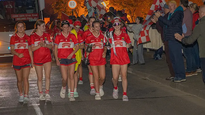 The Cork LGFA U14 team, after their victory over Galway in Nenagh, arrived at Timoleague, the hometown of their captain Aoife Harte to a large crowd of supporters who had gathered to welcome the winners. The team paraded through the village lead by piper Michael Heaney before celebrations commenced in the local community hall. Other local members of the team included Niamh Doyle, Aoife Walsh, Kate Collins and Aibhlin McCarthy.