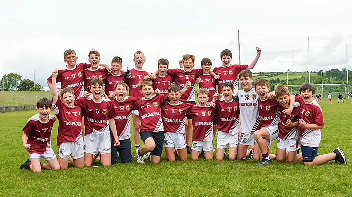 The happy group of players from Timoleague National School after their Sciath na Scol victory over Lauragh in Clonakilty last Thursday.