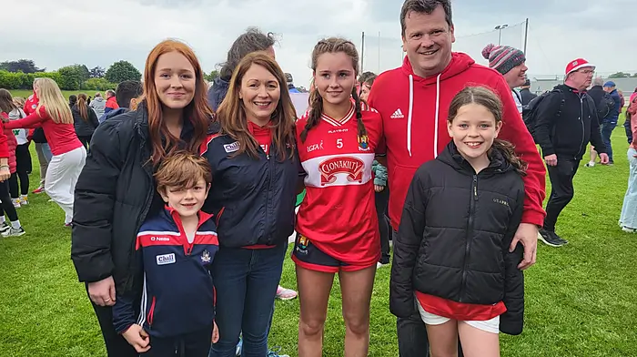 Grace O’Sullivan from the Tadhg MacCarthaigh club lined out for Cork on Sunday and lifted the U14 platinum All-Ireland cup. Grace celebrated the win with her family Ella, John, Louise, Sean and Katie.