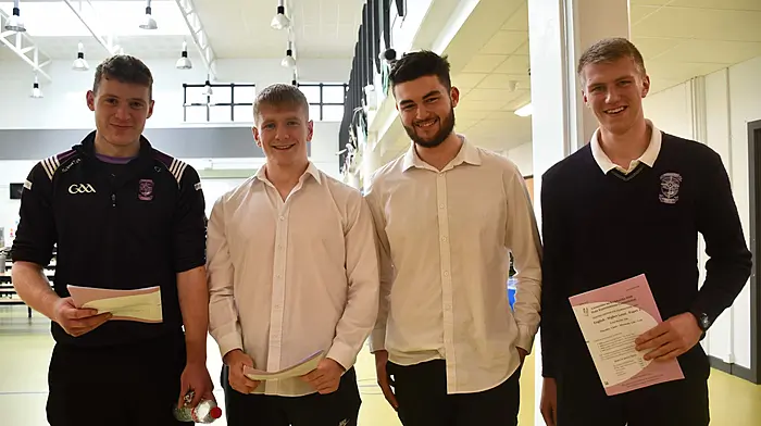 Leaving Cert students at Skibbereen Community School after finishing English Paper 2 from left,Cillian French, Frank Hurley, Andrew O'Driscoll and Eoin O'Sullivan. Photo; Anne Minihane.