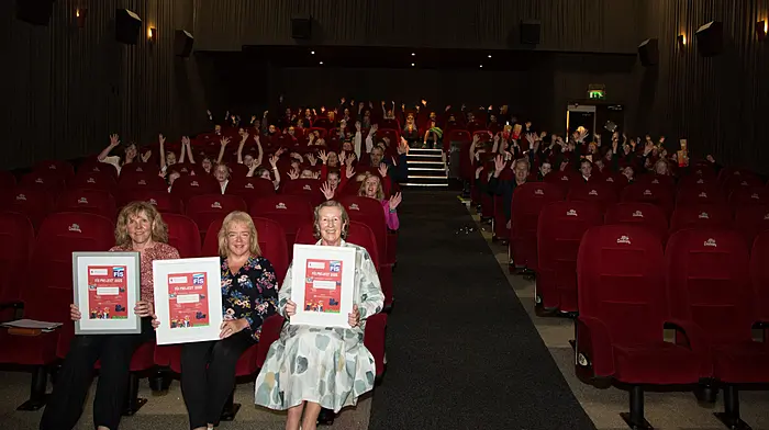 Harriet McCormick, Chrissie O'Mahony and Dr Dympna Daly, director West Cork Education Centre, with all the participating schools enjoying the children’s original films at a special screening at Bantry Cinemax as part of the Film in Schools (FIS) project.    (Photo: Adrian Cronin)