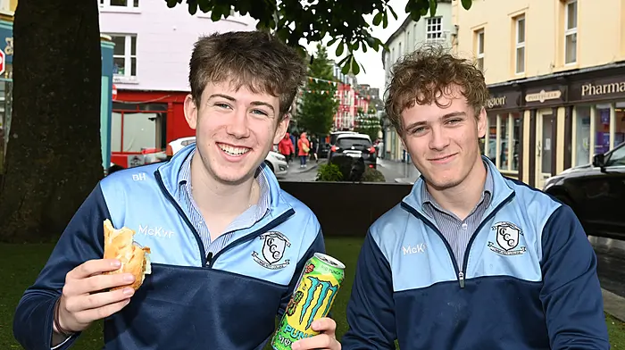 Clonakilty Community College Junior Certificate students Bertie Harimngton (left) and Dylan Mulcahy, both from Clonakilty, taking a break during examinations. (Photo: Martin Walsh)