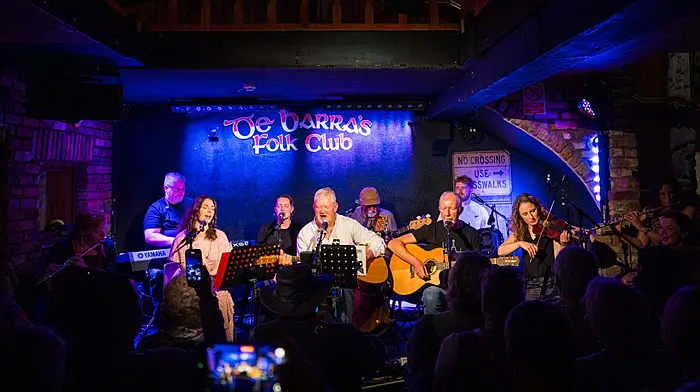 Barth Harrington (centre) and his all-star band performing onstage in De Barras of Clonakilty last Sunday night during a special sold-out concert in aid of Cairde Clonakilty Community Hospital. Also included are Margaret Deegan, Valerie Deady, John Fitzgerald, Deirdre Hayes, Martin Kingston, Jack Archbold, Ann McKiernan and Pat O'Grady. (Photo: Mark Coombes)