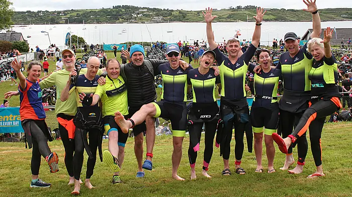 On home turf, the Schull Tri Club in a playful mood at the Brosnan's Centra Fastnet Triathlon held in Schull last weekend.   (Photo: Terry Attridge)