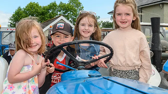 Caith (4), Elliott (5), Clodagh (6) and Eabha (5) Forde (Drimoleague and Dunmanway) checking out a Fordson Super Dexta at the St Mary’s Church’s tractor and car run. The run was held in aid of Cancer Connect and St Mary’s Church Dunmanway. (Photo: David Patterson)