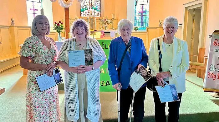 Congratulations to local ladies Vivienne Crowley (silver pin), Lilly McCarthy, Anna Deasy, Ann O'Hea (all gold pins), who received their PTAA awards in St Moluada's Church, Clogagh.