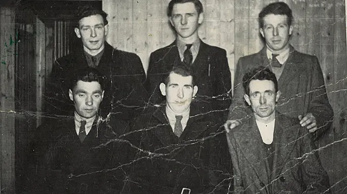 In Wagner's Hall, Ballinascarthy are  (back, from left): Denny Ryan, Tom Nyhan (Cappa) and Gerald Nyhan.  Front (from left):  Sonny Cahalane, Tossie Nyhan and Mickey McCarthy.   c1945.