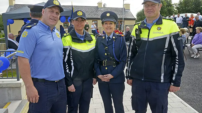 Left: At Coachford Garda were Shane Walsh, Marie Hennessy, Insp Mary Sheehan and Sgt Tom Lehane. Right: Anne and Siún McCullough at the West Cork Hotel for 'Tina Turner' (Photos: Denis Boyle & Anne Minihane)