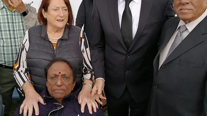 At the Air India commemoration ceremony last Monday was Angela Muckley, left, from Bantry who hosts an evening for the families of the 1985 disaster every year for the past 40 years. She is pictured with Padmini and Babu Turlapati, who lost both their children in the disaster, and also Taoiseach Micheál Martin who also attended the ceremony.