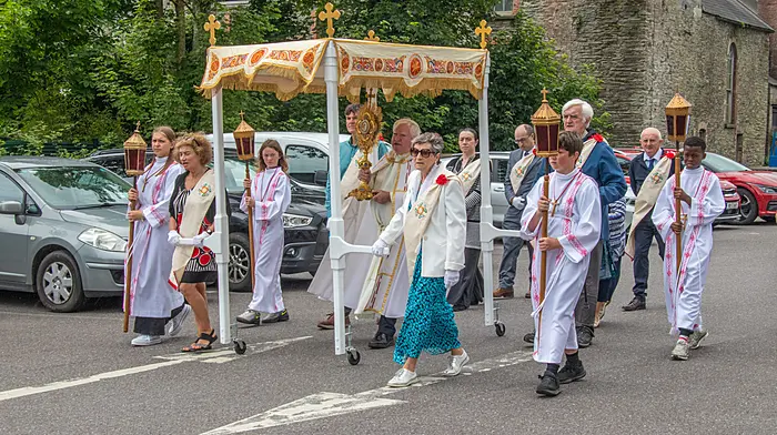 Parish priest Fr Tom Hayes leading the Corpus Christi procession from the Clonakilty Church and around the streets of the town.   (Photo: Gearoid Holland)