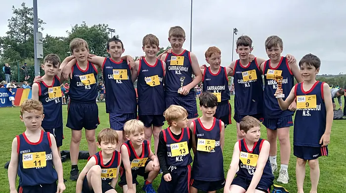 The boys from Carrigboy National School who participated in the Cork City Sports. Back: Jayden O'Sullivan, Zach McCarthy, Kevin Hickey, Jack Levis, Owen Coughlan, Quintin Horstmanshoff, Jamie Ward, Tadhg O'Connor and Alex Coughlan. Front: Ciarán O'Sullivan, Finn Russell, Calum Casey, Shane Casey, Aaden Harrington and Clinton McCarthy. Owen Coughlan, Alex Coughlan and Indie O'Sullivan won trophies on the day.
