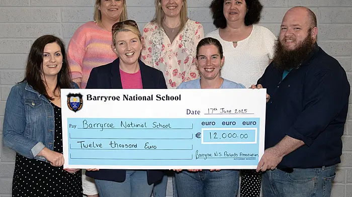 The Barryroe National School parents association presented a cheque for €12,000, the proceeds from various fundraising events throughout the school year, to Barryroe National School. Fron: Eilish Murphy (treasurer, BNSPA), Orla Whelton (school principal), Mags O'Leary (BNSPA) and Zachary Tyndall (treasurer, Barryroe National School board of management).  Back: Ellen O'Driscoll (BNSPA), Ciara Casey (BNSPA) and Deirdre Griffin (board of management).   (Photo: Martin Walsh)
