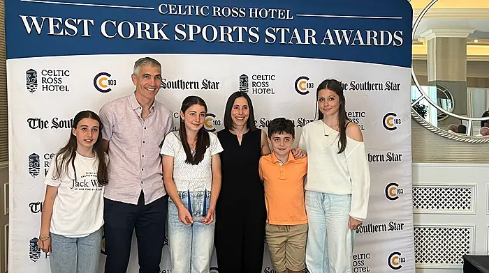 The Harte family from Ardmore at the Celtic Ross Hotel where Aoife Harte, captain of the victorious Cork All-Ireland ladies U14 football team, was the recipient of a West Cork Youth Sports Star award. From left: Isobel, Liam, Aoife, Emer, Daniel and Cliona.