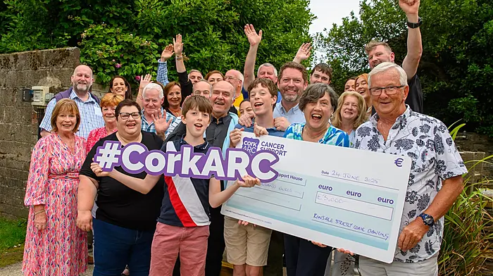 Strictly Kinsale raised over €30,000 and donations were made to five charities. Pictured are dancers and committee members with Paul Eaton presenting a cheque to Stephen Teap, CEO of Cork Arc House with his sons Noah and Oscar.  (Photo: John Allen)