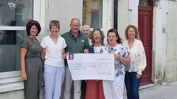 The Glaslinn Choir recently presented a cheque to St Michael’s Centre, the proceeds of their concert held in May in the Bandon Town Hall. Included in the photo are Eveline Fogarty, Antoinette Baker, Roger Pearson (accepting the cheque on behalf of St Michaels), Helen O'Leary, Margaret Desmond, Brenda Ryan O'Riordan and Fiona O'Donovan.