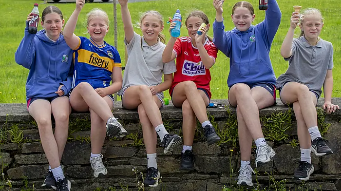 Ruby Cahalane, Phoebe Stanness, Makayla O’Donovan, Ella O’Donovan, Lily White and Elsie White, pupils from Scoil Naomh Bhríde in Union Hall, celebrating the start of their summer holidays on Wednesday.  (Photo: Andrew Harris)