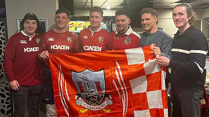 Supporting the Rebels in Australia were, from left, Dave Kiely (Barryroe), Jack Breen (Skibbereen), Sean Holland (Barryroe), Daniel O'Driscoll (Lisheen), Eoghain Deasy and Ewan Courtney (Clonakilty).