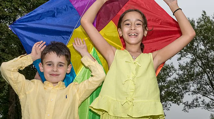 Carrigaline, Cork, Ireland. 29th June, 2025.  Ishan and Esme Rathi at the Basant Panchami festival, a traditional  kite flying festival that was celebrated at the local community park in Carrigaline, Co. Cork. - Picture David Creedon- Picture: David Creedon