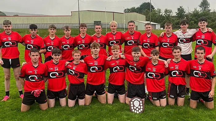 The Owen Gaels U18 team, winners of Rebel Óg Thiar D2 football league final versus Castletownbere. Back: Jack O'Sullivan, Harry Donegan, Joe Twomey, Shane O'Hare, Jerry O'Leary, Liam Ryan, Gearóid Donegan, Matthew Buttimer, James Hansberry, Mark Walsh, Cormac Moroney and Donnacha Hickey. Front: Andrew McCarthy, Robert McCarthy, Donnachadh Keohane, Éoin Donegan, Darragh Murphy, Mike Crowley, Daniel McCarthy, John Bates and Flor McCarthy.