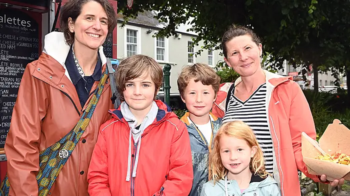 Enjoying the Friday market in Clonakilty were Allison Roberts and Ari Groves from Clonakilty with Nathan, Eloise and Liz O'Leary from Timoleague.  (Photo: Martin Walsh)