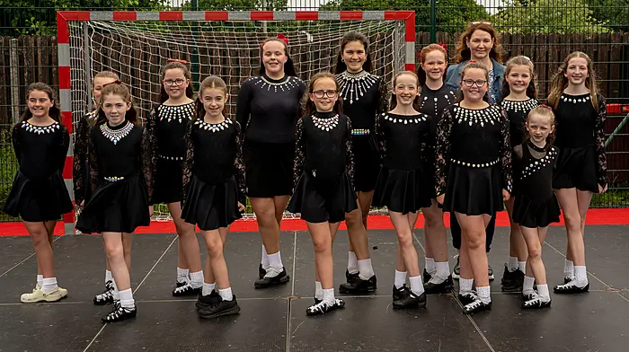 Scoil Rince Carney dancers performed at the Durrus family festival last Sunday.  Back: Kaiya O’Sullivan, Caoimhe Cronin, Leona Dempsey, Laura Cronin, Hannah O’Driscoll, Deirdre Cronin, Peggy O’Sullivan and Saoirse O’Driscoll. Front: Kelsey Lynch, Pippa Connolly, Abbie Collins, Saidbh O’Driscoll, Tanya Dempsey and Fiadh O’Driscoll.  Photo courtesy of Vaughn Taylor.