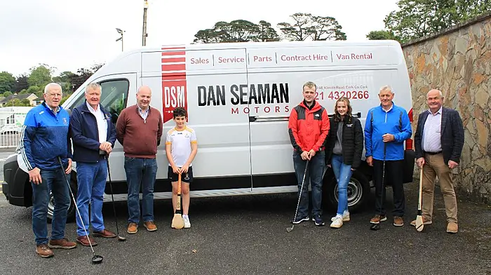 Martin Kelly, Brendan Fogarty, Ger Seaman (event sponsor), Conor Kelly, Daniel Seaman, Millie Seaman, Niall Morrissey and Phil Murphy (chairperson, Bandon GAA) at the official launch of the Bandon GAA Club’s golf classic which will be played on Friday July 4th at Bandon Golf Club.