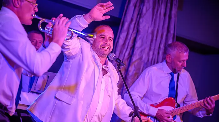 Michael Collins, Alan Vaughan, Kevin Corkery and Thomas O’Sullivan from Belgooly as Joe Dolan and the Goolies at Kinsale LipSync in Actons Hotel on Saturday night. All proceeds were in aid of Kinsale Lourdes Fund. (Photo: John Allen)