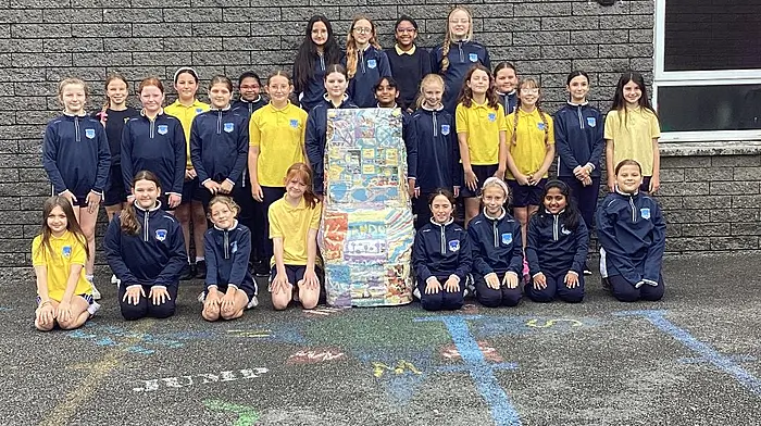 The fourth class girls of Bandon Primary School with their award-winning entry to the Repak Re-Imagine Challenge. The girls were mentored by their teachers Deirdre Waugh and Bernadette Ryan.
