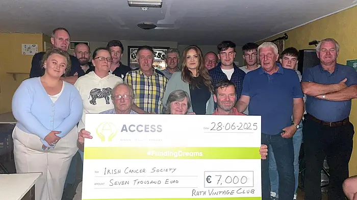 Rath Vintage Club held a presentation night of proceeds of their Threshing and Tractor Run charity events. They presented €1,500 to Skibbereen Geriatric Society and  €7,000 to Irish Cancer Society in memory of the late Danny Connolly. Back:Pádraig Hegarty, Ivan O’Driscoll, Michael O’Mahony, Timmy McCarthy, Pat Whooley, Tadhg McCarthy and Eoin Whooley. Front: Síleann Connolly, Margaret Connolly, Willie Connolly, Caitlin Connolly, Christopher Connolly, Jerry O’Driscoll and John O’Sullivan. Seated: Alan Holmes, Margaret Kingston (night nurse) and Jim Collins.