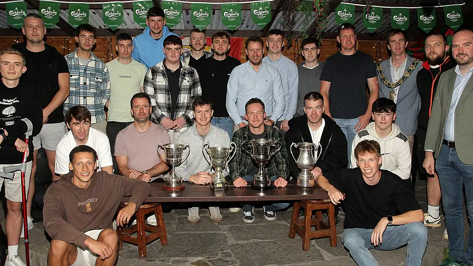 The Clonakilty Soccer Club team is pictured with the Mayor of Clonakilty Conan O'Donovan and Senator Noel O'Donovan who presented them with their medals in O'Brien's Bar on Saturday night. (Photos: Paddy Feen)