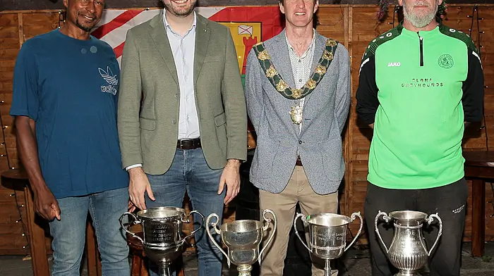 At the Clonakilty Soccer Club medal presentations were, Lorne Edmead, joint-manager; Senator Noel O'Donovan, Conan O'Donovan, Mayor of Clonakilty, and John Leahy, joint-manager.
