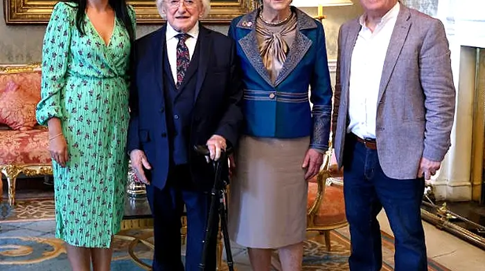 Hot County TV presenters Hugh O’ Brien (Cork)  and Eilish O’ Sullivan (Innishannon) were delighted to be welcomed by President Higgins and Sabina Higgins to the garden party at Áras an Uachtaráin which honoured Irish county music.