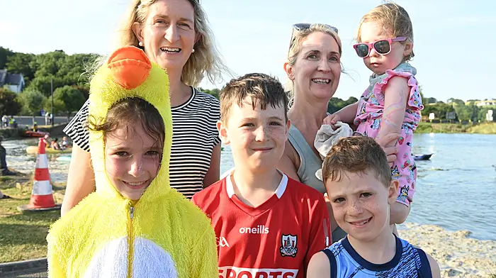 Catherine and Denise Foley (Timoleague) with Alfie, Fiona, Charlie and Annie Locke (Courtmacsherry) enjoying the Timoleague Tidy Towns fundraising duck race.  (Photo: Martin Walsh)