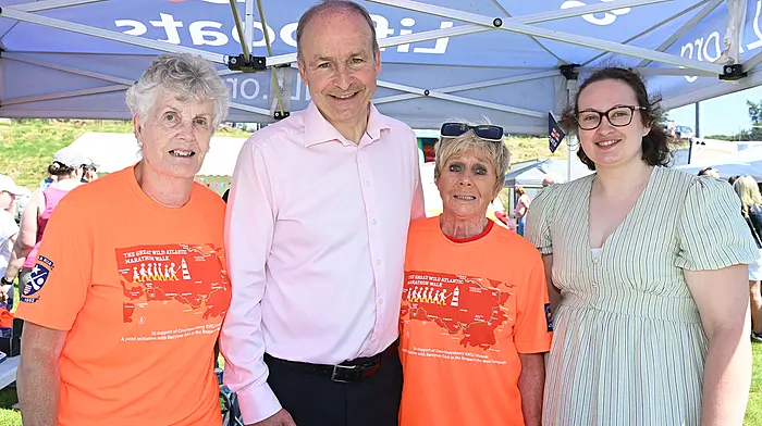 During his visit to the Barryroe Show, An Taoiseach Micheál Martin called to the Courtmacsherry RNLI stand where he chatted to Marjorie Turner, Joan O'Donovan and Rachel Kelly.   (Photo: Martin Walsh)