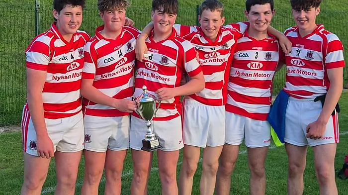Eoin Harrington (captain), TJ Daly, Evan Daly, Shane Galvin, Tomás O’Riordan and Lucas Harrington after the U16 match where Courcey Rovers beat Aghabullogue 3-9 to 1-7 in the mid Cork D2 football league final.