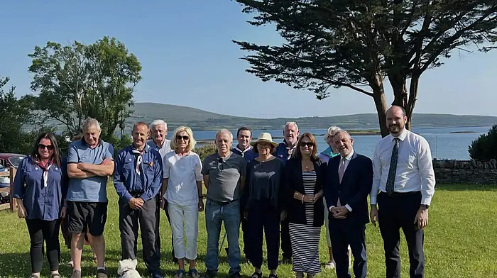 Minister of State at the Department of Rural and Community Development, Jerry Buttimer TD, recently visited the Sheep's Head peninsula. The possibility of developing a new community centre for Ahakista was discussed with members of Ahakista Community Association and Sea Scouts. From left: Elmarie Deacy, Teddy Arundel, James O'Sullivan, Liam Hodnett, Eilís Cohalan Hodnett, Tadhg Hegarty, Eamonn O'Mahony, Josephine Mulhall, Kieran Connolly, Cllr Caroline Cronin, Alicia McConnell, Minister Jerry Buttimer and Senator Noel O'Donovan.