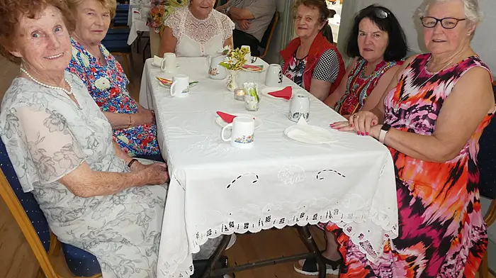 Local ladies Mary O'Keefe, Gobnait Shannon, Teresa O'Driscoll, Noreen Chambers, Phil O'Mahony and Pat Healy, enjoying the social for the Active Retired in Ballinascarthy Hall as part of the community festival.
