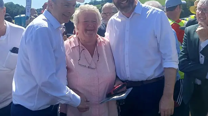 At the All-Ireland road bowling in Castletown-Kinneigh at the weekend were Taoiseach Micheál Martin, Margaret Daly from Shannonvale and Minister Christopher O’Sullivan.