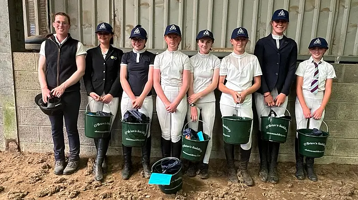 Instructor Katie McKeon with riders Sinead O’Regan, Emma Travers, Maggie McCarthy, Ella Forristal, Sadhbh Fehily, Nelsa Ní Mhurchú and Maria Fleming Hand during the Carbery Hunt Pony Club camp.