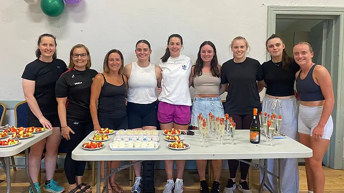 Ballinascarthy Camogie Club ladies at the Pilates & Prosecco night held during the Community Festival in the hall. From left: Martina O'Brien, Therese O'Flynn, Clare Condon, Moira Barrett, Michelle Dullea, Clara Crowley, Kate O'Donovan, Sinéad McCarthy and Millie Condon.