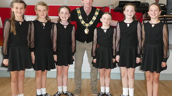 The Emma O'Flynn school of dancing was on hand to entertain everyone with their selection of reels and light jigs at the Active Retired social during the festival last week in Ballinascarthy Community hall. From left: Eve Fleming, Lucy Fleming, Caoimhe Ní Shé, Conan O'Donovan (mayor of Clonakilty and special guest), Nell Lehane, Kitty Hegarty and Kate O'Leary.