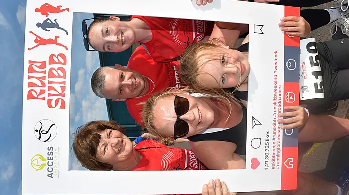 Enjoying the wonderful weather for the Run Skibb 5k on Saturday evening were Helen Connolly, Ellie May, Imelda, Dave O'Sullivan, Roisin O'Grady. Photo; Anne Minihane.