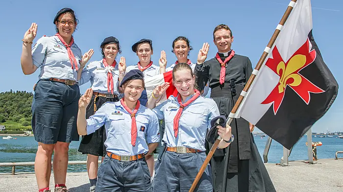 A Girl Guides troop from Pontoise, France is hiking in Cork and enjoying a few days in Crosshaven. Back: Leontine Cuypers, Lucile Huon, Nunzia De Beler, Guilhemine Duyrat and Fr Florian Aubonnet. Front: Heloise Tessaud and Blanche De Lastie.  (Photo: David Creedon)