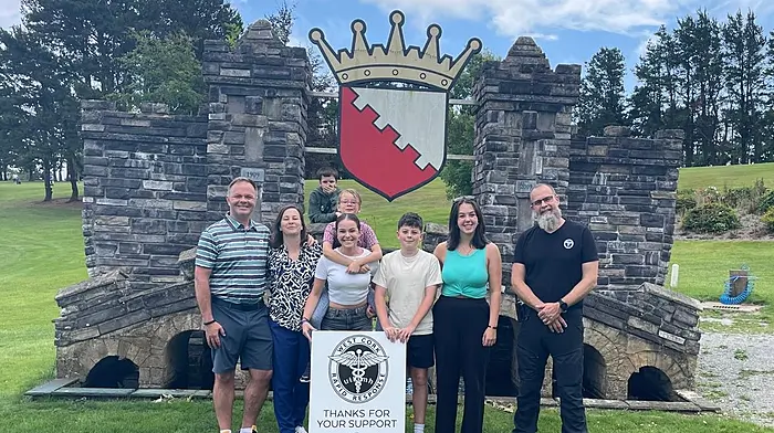 The Egan family from Crohane, Ballinascarthy with Dr Jason van der Velde at Bandon Golf Club last Saturday during a fundraiser they organised for West Cork Rapid Response. From left: Tadhg, Mary, Leah with Fíadh van der Velde, Ben, Éabha, Dr Jason and Malaki van der Velde at the back.