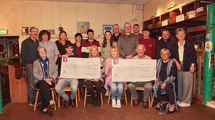 The Ballygurteen Harvest Festival committee recently presented cheques to Breast Cancer Ireland and Clonakilty Community Hospital. Back: Dermot Keohane, Denis Healy, Lauren Murphy, Mary McCarthy, PJ O’Driscoll, Kathlyn McCarthy, Vincent Dullea, Kevin O’Regan, Darragh Collin’s, Brian Murphy, Aidan O’Donovan and Mary McSweeney. Front: Hannah Keohane, Cathal McCarthy, Kay Keohane, Ann Healy, Bobby Patterson and Mairead O’Brien. Photo courtesy of Noel Murray.