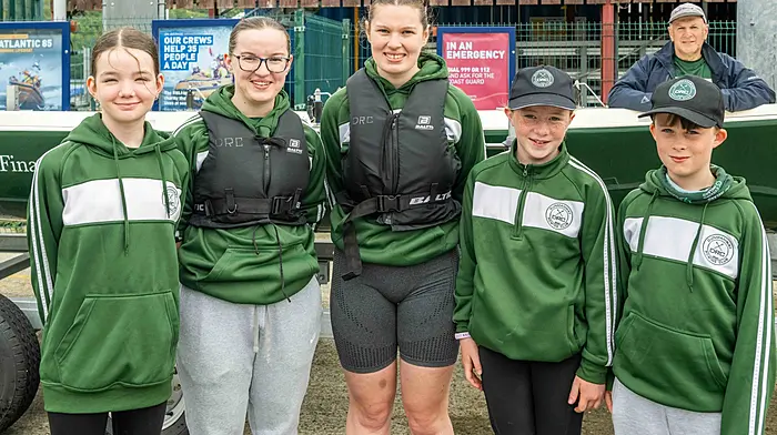 Dunmanway Rowing Club members Aoibhínn Coll, Chloe Hurley, Grace Hurley, Ellie O'Regan and Oscar Forde at the South West Coast Yawl Rowing Association’s regatta which was held in Union Hall. (Photo: Andy Gibson)