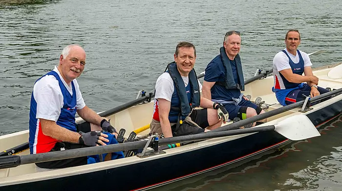 Courtmacsherry Rowing Club men's crew of Brendan Pierce, Richard Kingston, Stephen O'Leary and Brian Whelton before their race at the South West Coast Yawl Rowing Association’s regatta held at Union Hall recently. (Photo: Andy Gibson)