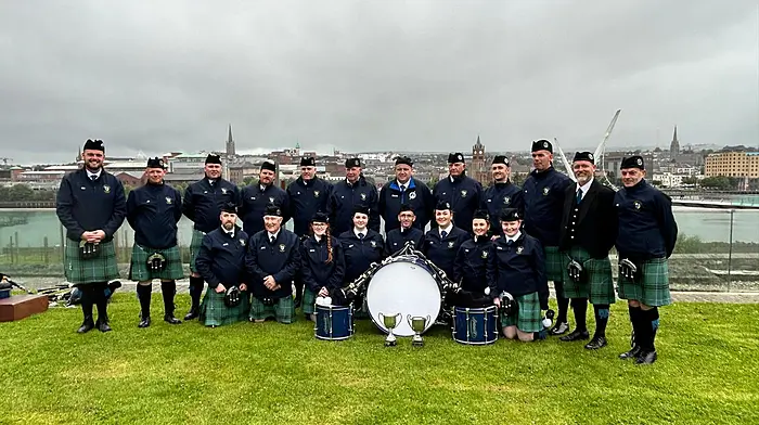 The Carrigaline Pipe Band in Derry last Saturday where they won the All-Ireland Pipe Band Championships.